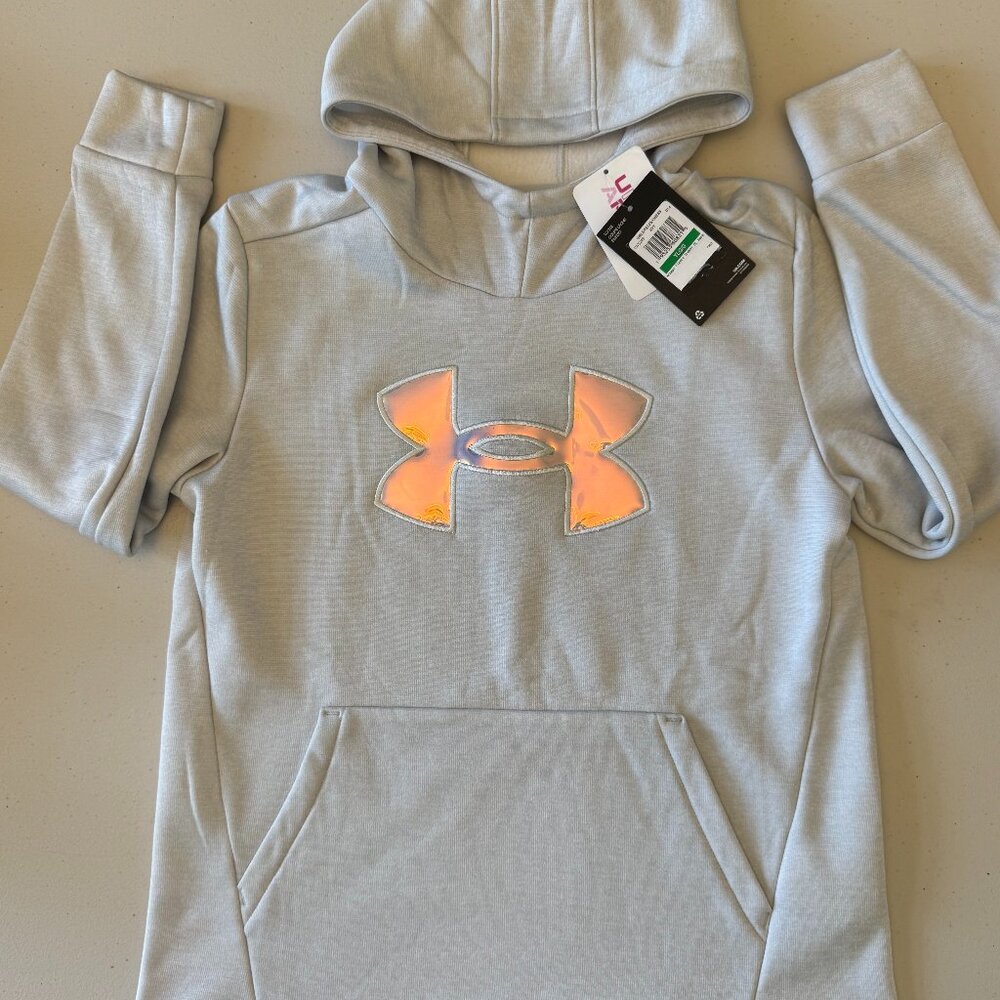 Girls' Armour Fleece Iridescent Big Logo Hoodie Tetra Gray/Iridescent Large New